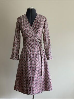 Liberty Print Wrap-Style Long Sleeve Dress in Pink and Cream